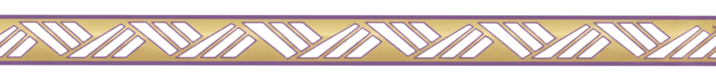 Close-up of a decorative fabric or ribbon with a repeating geometric pattern in purple, white, and gold colors.