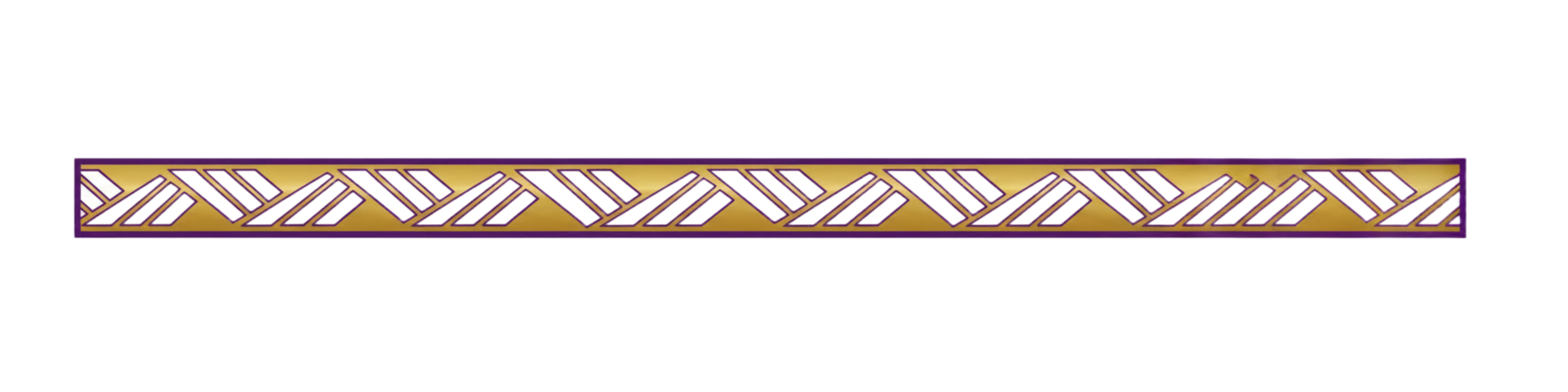 A horizontal decorative border with a purple outline and a gold background, featuring a repeating pattern of white diagonal rectangles inside gold diamond shapes.