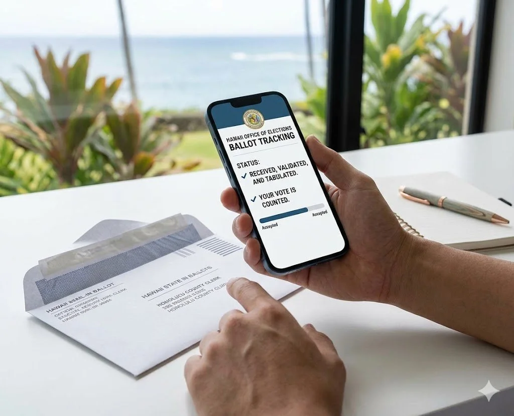 Person holding a smartphone displaying ballot tracking from the Hawaii Office of Elections, next to a physical ballot and a notebook with a pen on a white table, with a view of greenery and the ocean through a window.