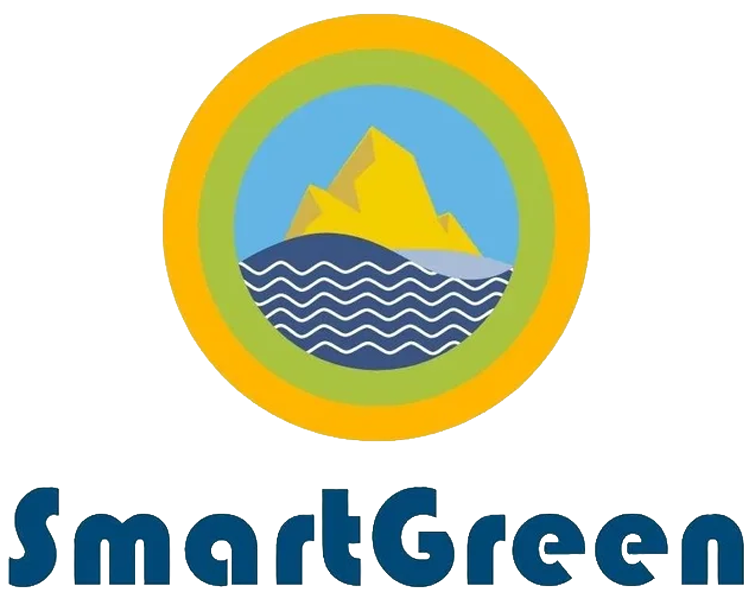 Logo featuring a yellow mountain with blue water waves beneath, surrounded by green and orange circles, with the text "SmartGreen" below.