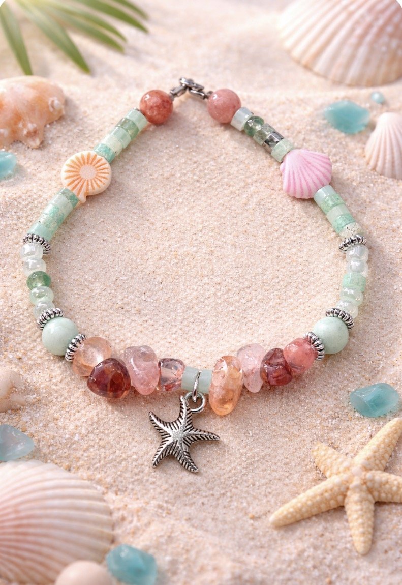 Seaside Solace – Handcrafted Aquamarine & Sunstone Boho-Chic Starfish Bracelet
