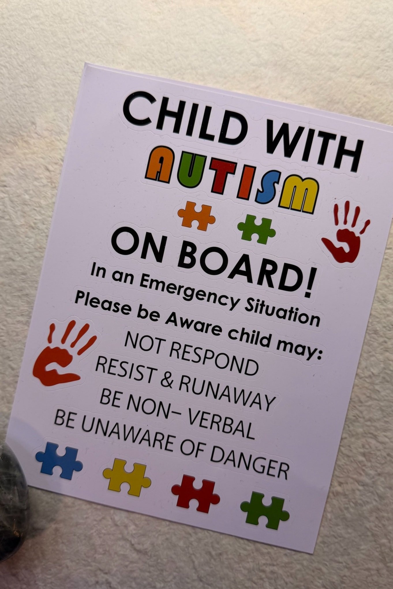 Child with Autism in Vehicle Safety Alert Sign