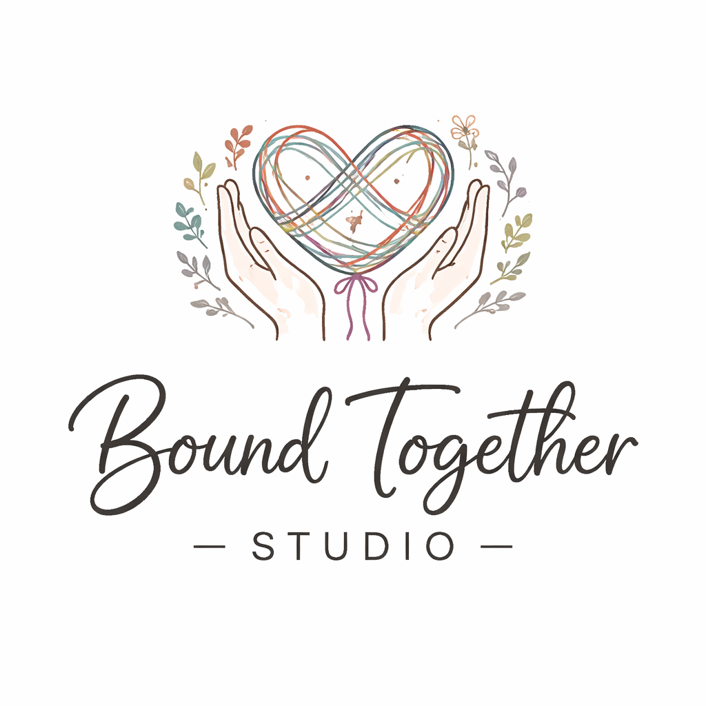 Bound Together Studio Logo with two hands holding heart that is woven together with multicolors