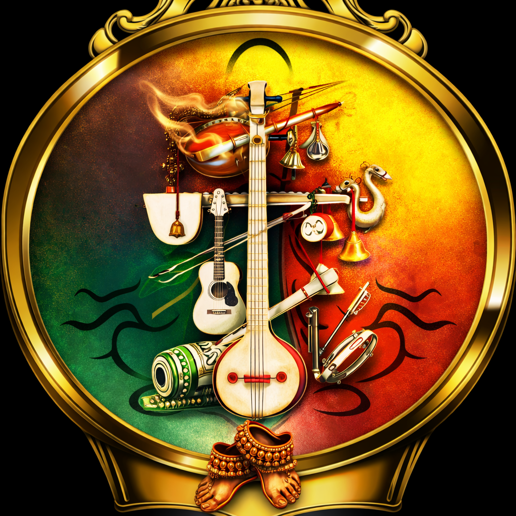 A colorful watch face featuring various musical instruments and symbols, including a guitar, sitar, tambourine, and bells.