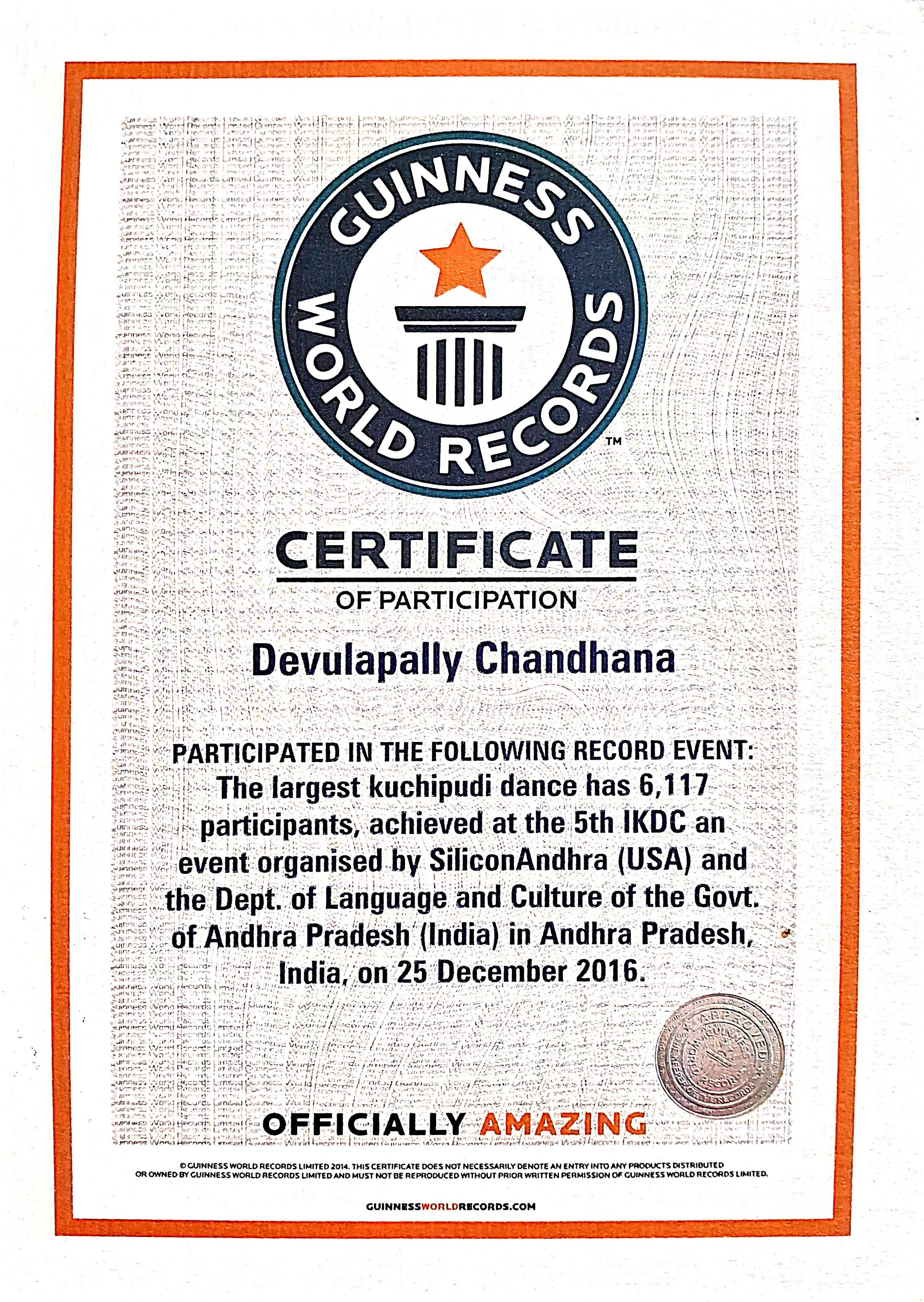 Guinness World Records certificate awarded to Deulapally Chandhana for the largest kuchipudi dance with 6,117 participants, achieved at the 5th IKDC event in Andhra Pradesh, India, on December 25, 2016.