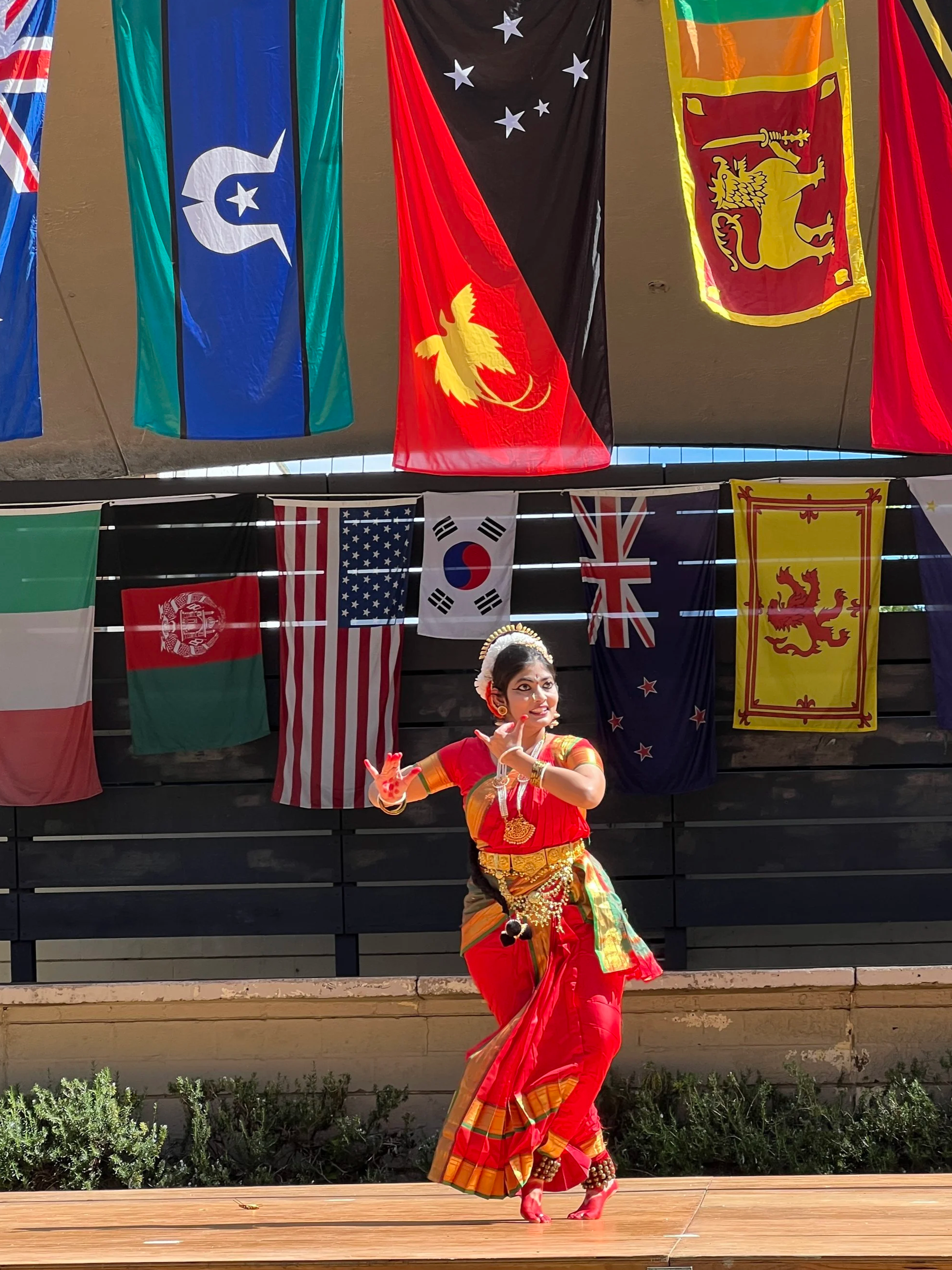 A woman performing a traditional dance on stage, dressed in a colorful red, orange, and gold sari with jewelry and makeup, in front of a backdrop of international flags.