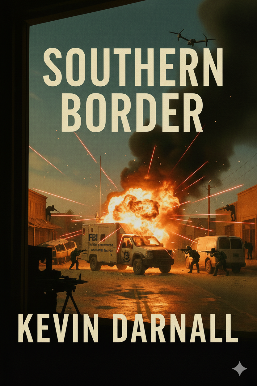 A chaotic scene of an explosion with armed figures, possibly law enforcement, in front of and around burning vehicles and buildings, with a plane flying overhead, as seen on the book cover titled 'Southern Border' by Kevin Darnall.