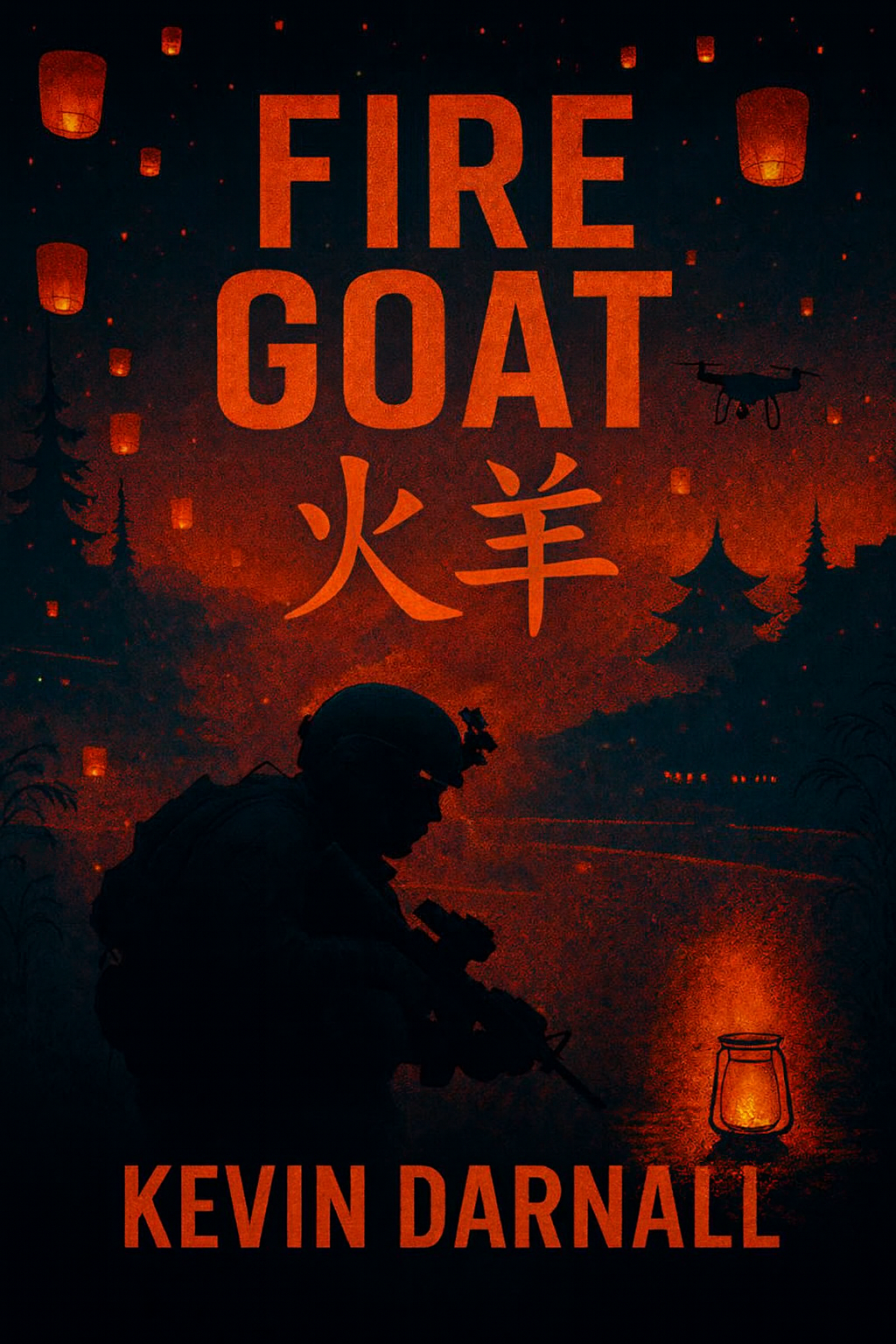 The cover of the book titled 'Fire Goat' by Kevin Darnall features a silhouette of a soldier with a rifle against a dark, fiery background with lanterns, trees, and a drone in the sky. The title is written in large orange letters, with Chinese characters below.