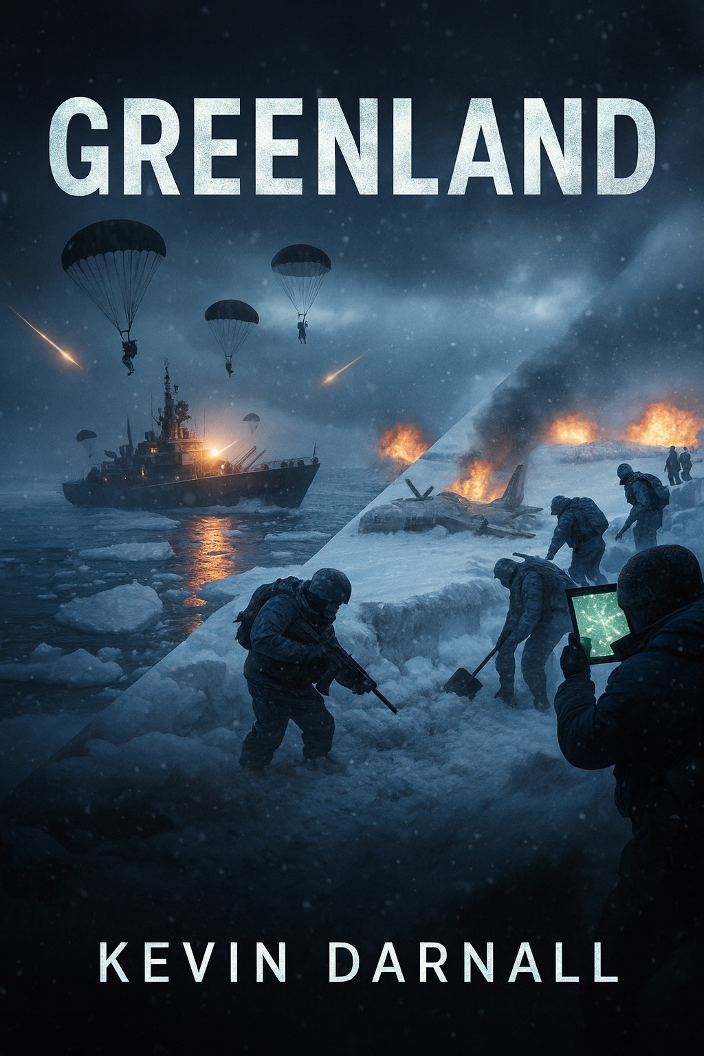 Book cover titled "Greenland" by Kevin Darnall, depicting military action in icy Arctic waters with a ship, soldiers, and parachuting soldiers, alongside scenes of plane crashes and fires.