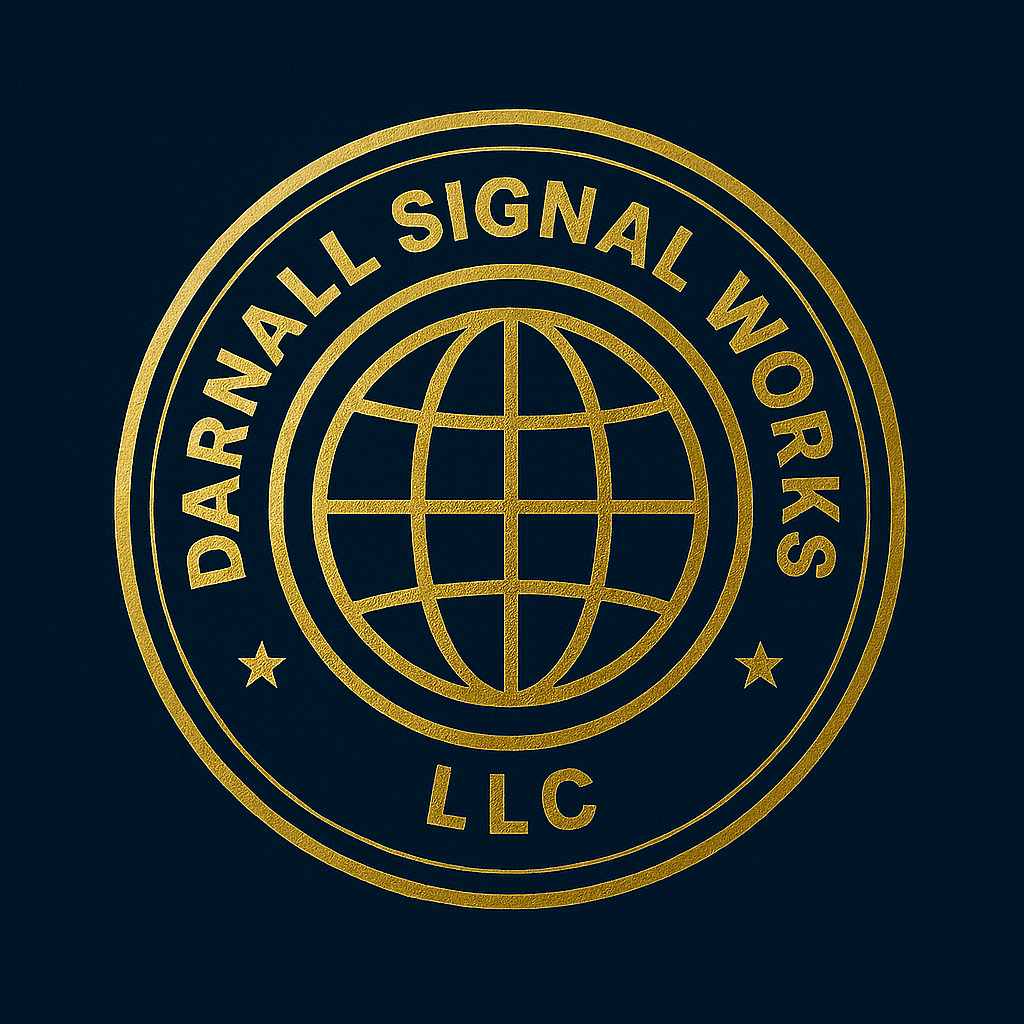 Gold embossed logo of DARNALL SIGNAL WORKS LLC featuring a globe in the center, with the company name around it, on a dark background.