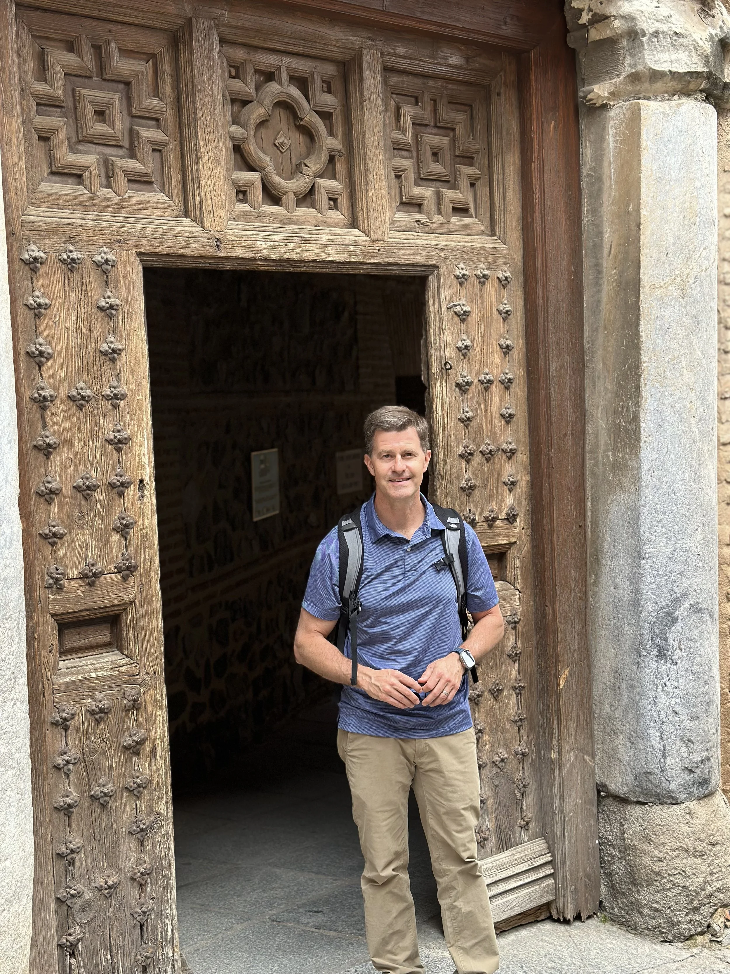 Michael Socha in Toledo, Spain, with Mudejar-style relief carving with a central quatrefoil motif.