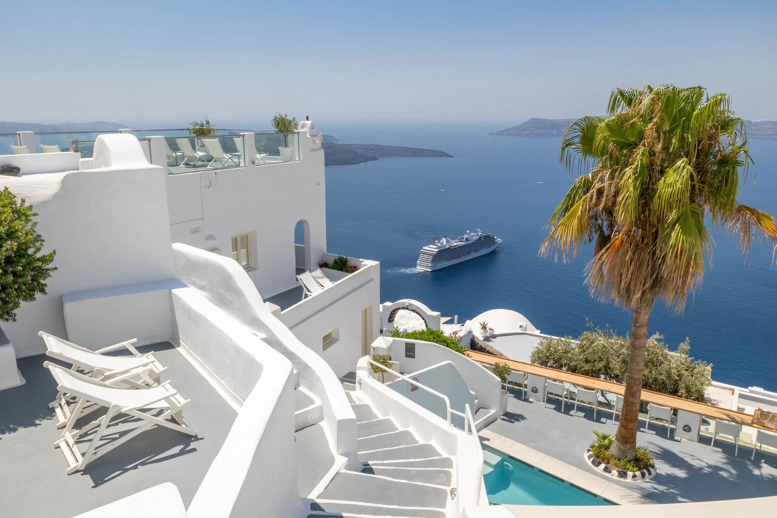 Oceania Riviera anchored in the Santorini caldera