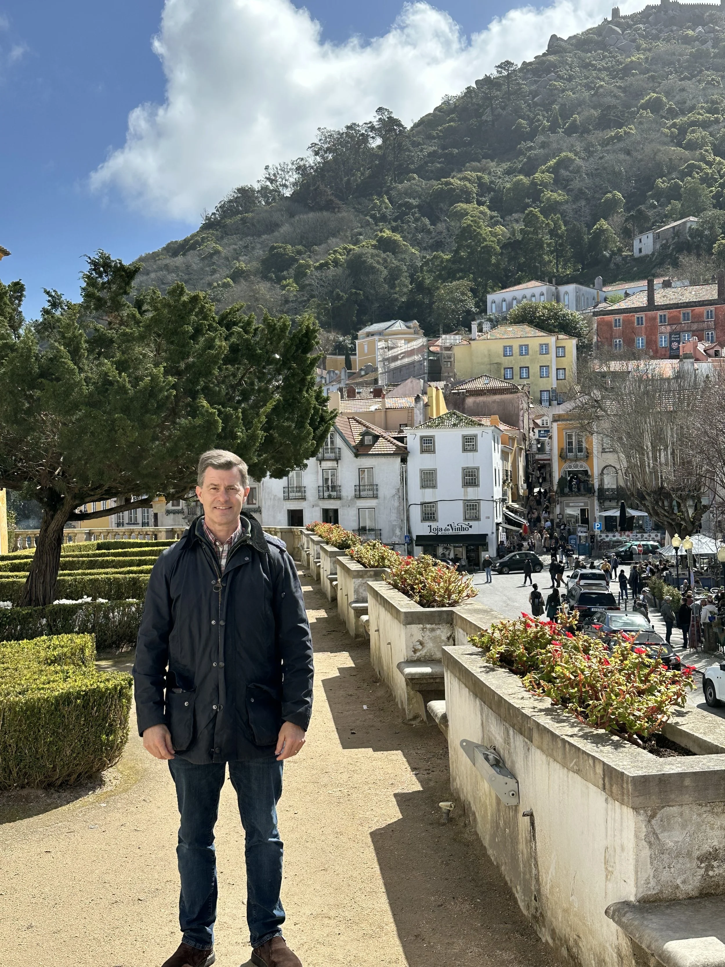 Michael Socha in Sintra, Portugal, with the wooded hills and palaces in the background.