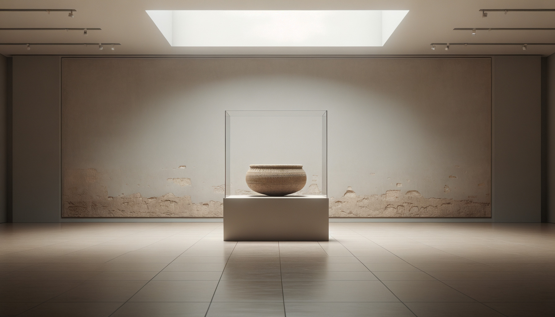 A pottery bowl displayed inside a glass case in a museum, with a neutral wall and a skylight above.
