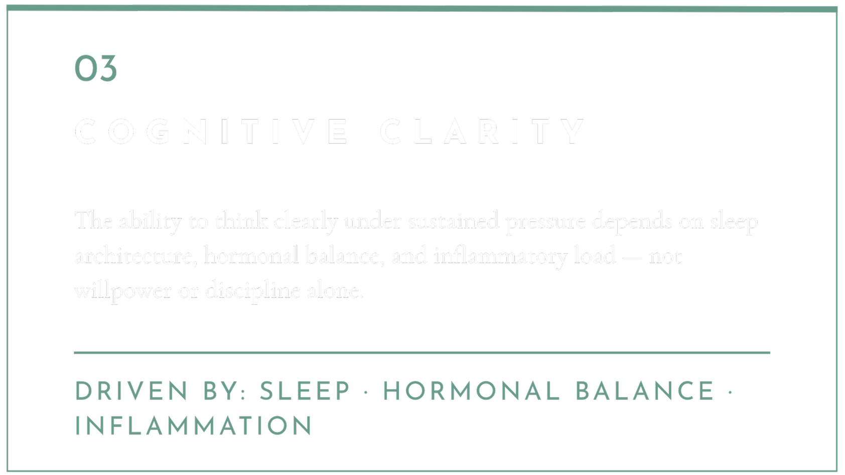 Text on a black background discusses cognitive clarity, emphasizing the importance of sleep, hormonal balance, and inflammation for clear thinking and stress management.