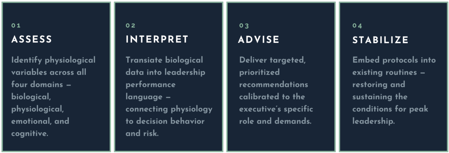 Four-step process chart with steps labeled 'Assess,' 'Interpret,' 'Advise,' and 'Stabilize.' Each step includes a description related to leadership, decision-making, and organizational protocols.