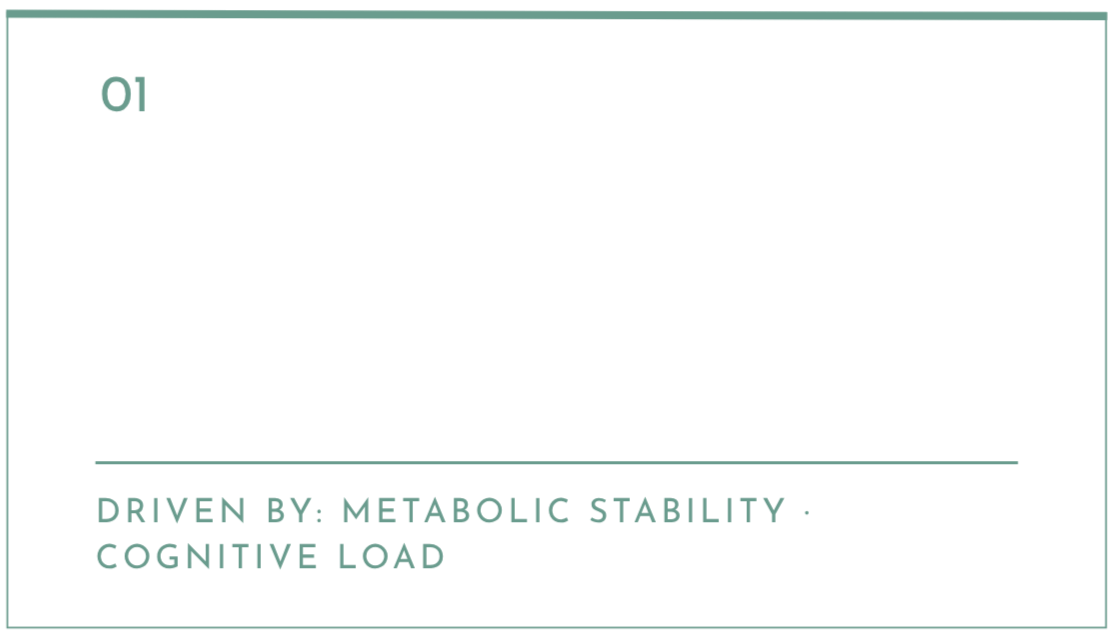 A black slide with text about decision quality, metabolic stability, and cognitive load, highlighting that improved metabolic stability and cognitive load enhance judgment and decision-making, driven by metabolic stability and cognitive load.