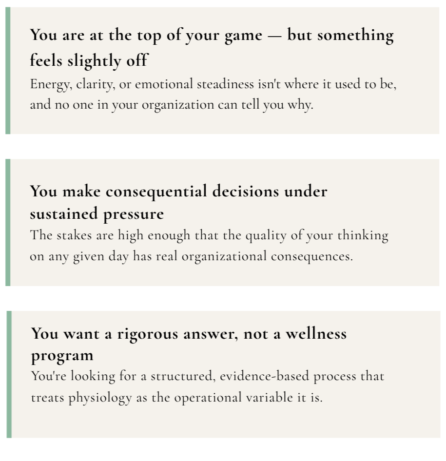 Text from a quote or presentation slide emphasizing the importance of energy, decision making under pressure, and a structured approach to physiology in organizational settings.