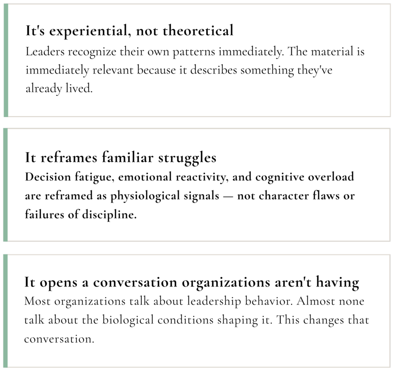 Three text sections with headers: 'It's experiential, not theoretical', 'It reframes familiar struggles', and 'It opens a conversation organizations aren't having', discussing leadership, emotional responses, and biological factors.