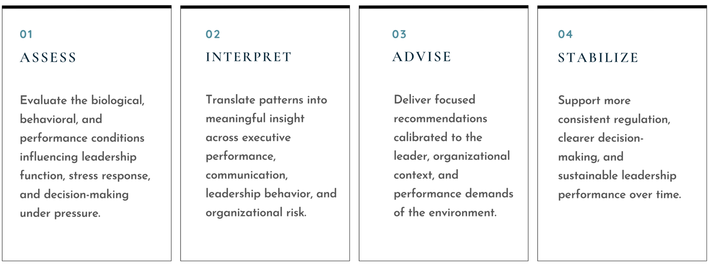 Four steps outlined in boxes with titles: 01 Assess, 02 Interpret, 03 Advise, 04 Stabilize, each with descriptive text underneath.
