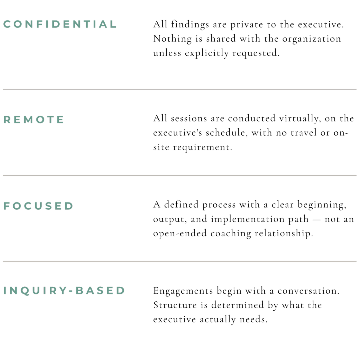 A black infographic divided into four sections with text emphasizing qualities of effective communication, including confidential, remote, focused, and inquiry-based.