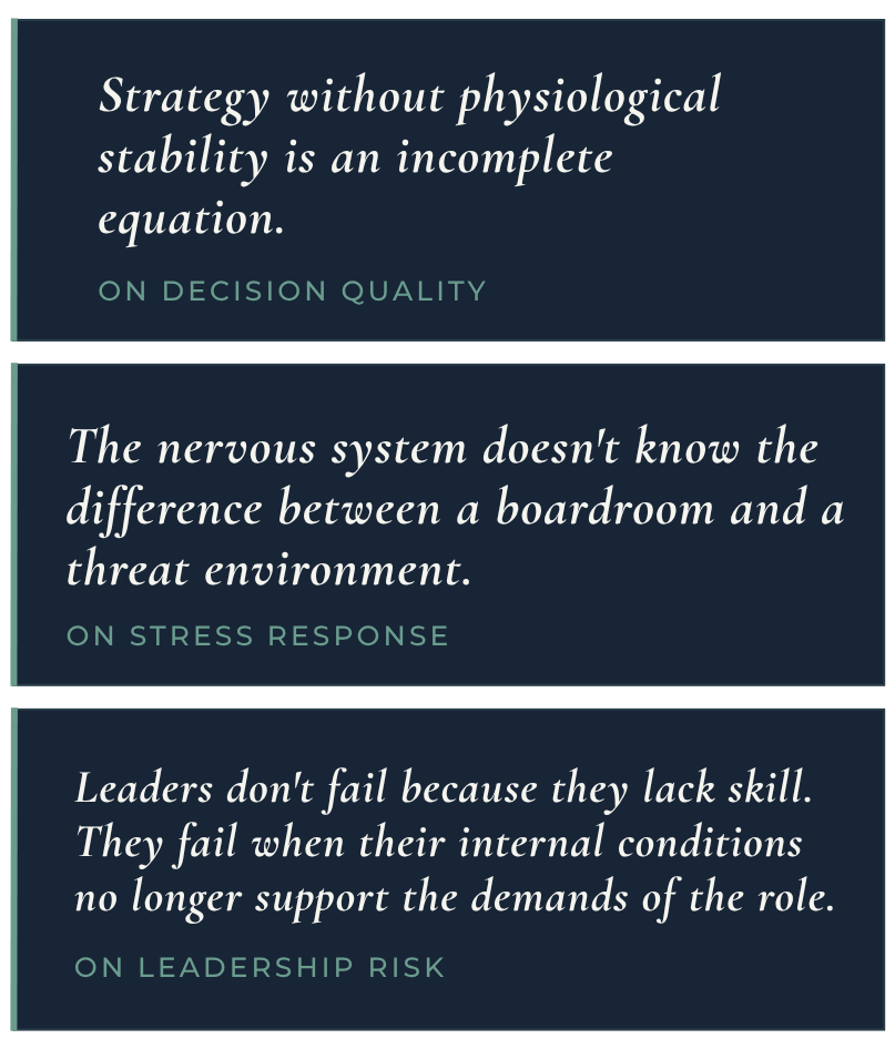 Three separate quotes on navy blue backgrounds with green subtitles, focusing on decision quality, stress response, and leadership risk.