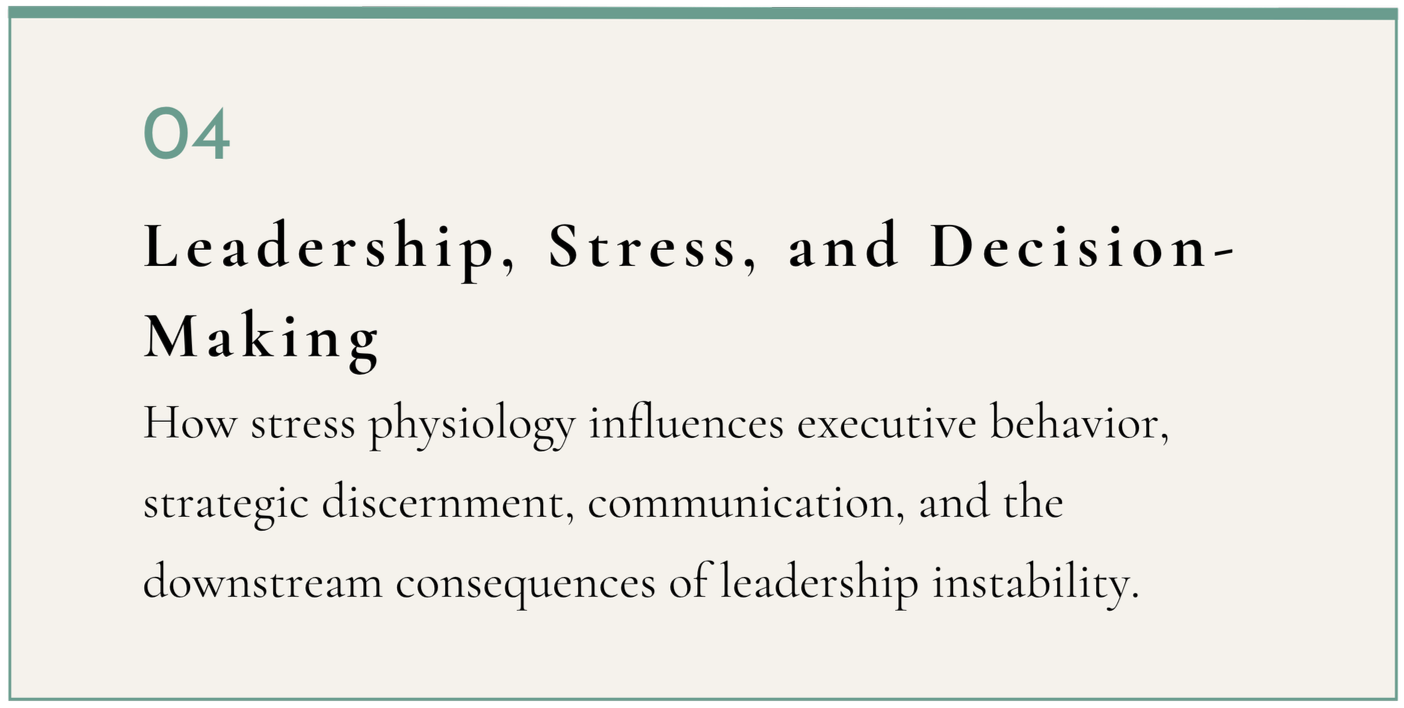 A presentation slide titled 'Leadership, Stress, and Decision-Making' discussing how stress physiology affects executive behavior, strategic discernment, communication, and leadership instability.