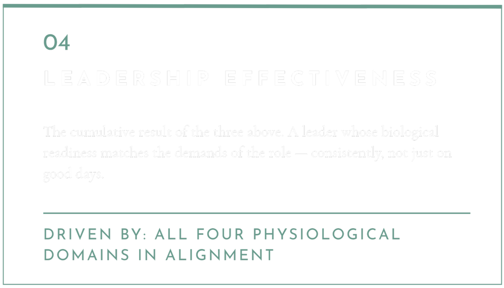 Slide with title "Leadership Effectiveness" and text about biological readiness for leadership, featuring a subtitle "Driven by: All four physiological domains in alignment."