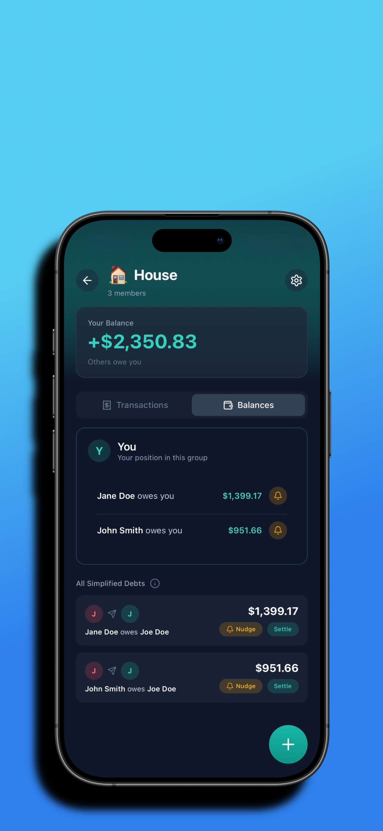 Screenshot of a mobile app showing a group balance for a household, with a total positive balance of $2,350.83. It lists debts owed to the user by Jane Doe and John Smith, with amounts of $1,399.17 and $951.66 respectively. The app has options to view transactions or balances, and a green button with a plus sign at the bottom right.