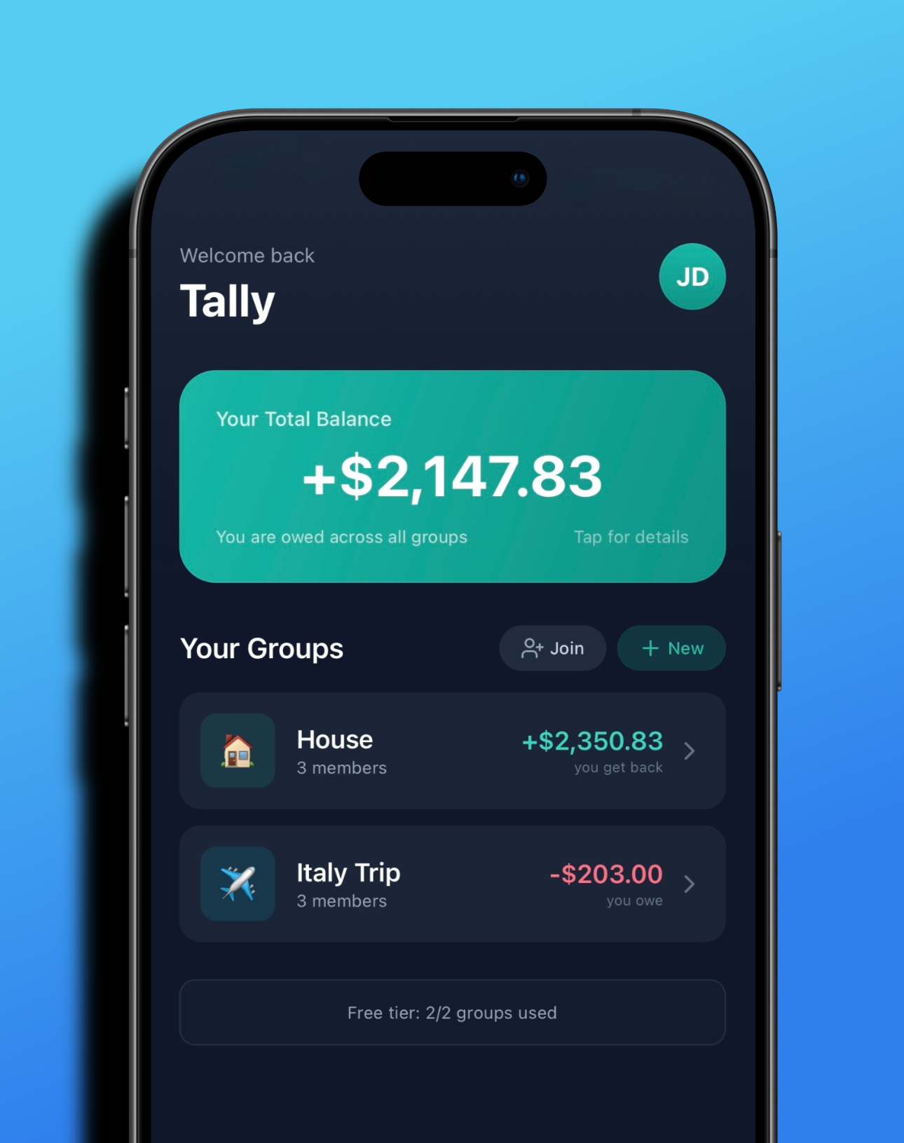 Tally Expense App showing a financial dashboard with a total balance of 2147.83 dollars, highlighting earnings and debts across groups, including a house and Italy trip with the respective balance and owing details.