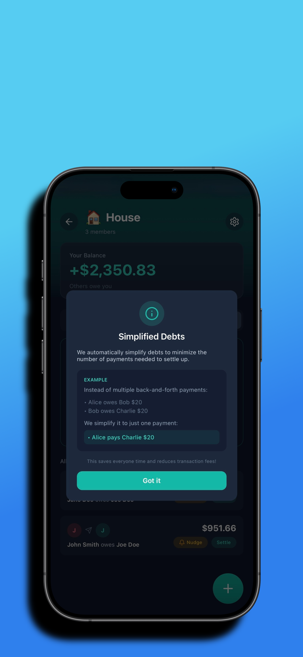 Tally Expense App showing a debt simplification feature with a pop-up explaining simplified debts.