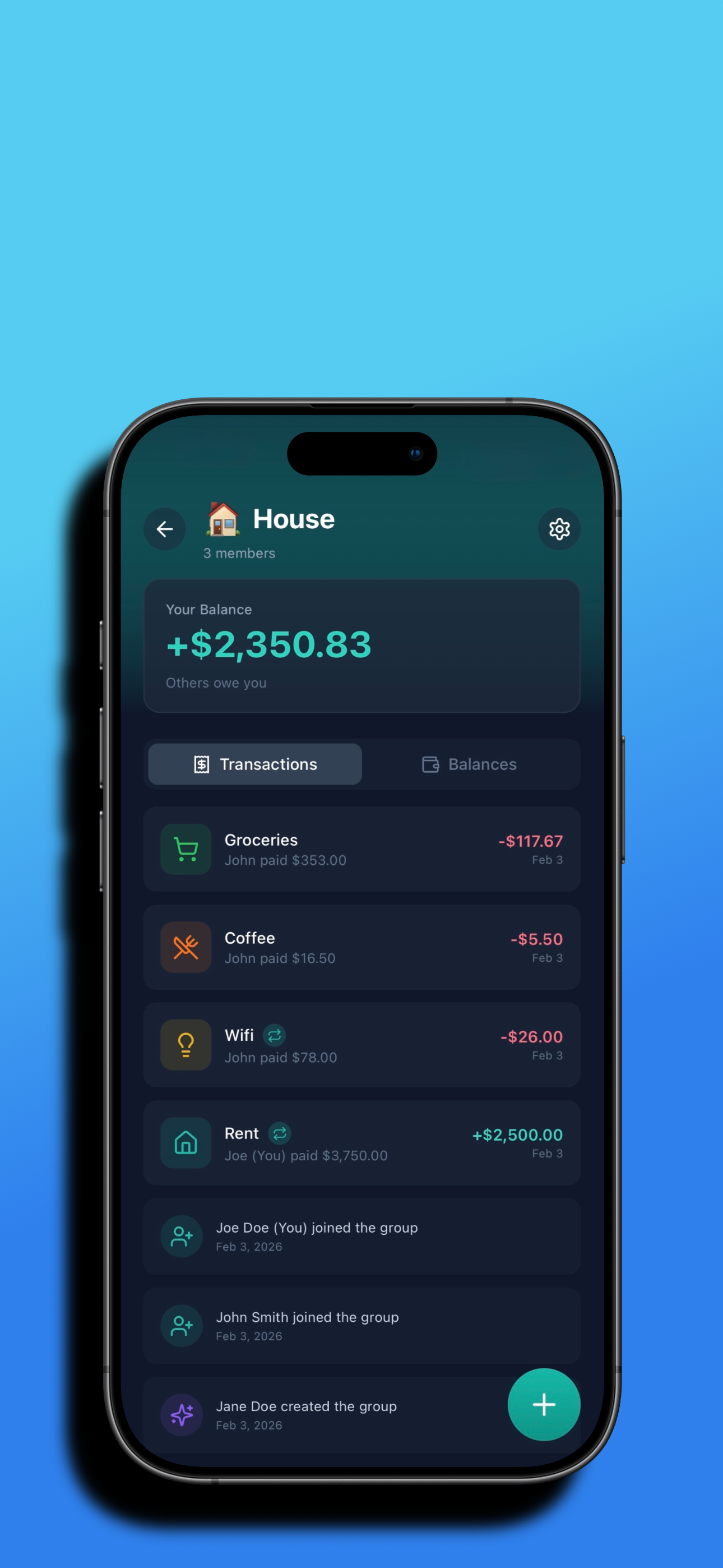 Tally Expense App displaying a group chat named 'House' with three members, showing financial transactions, group activities, and balance details.