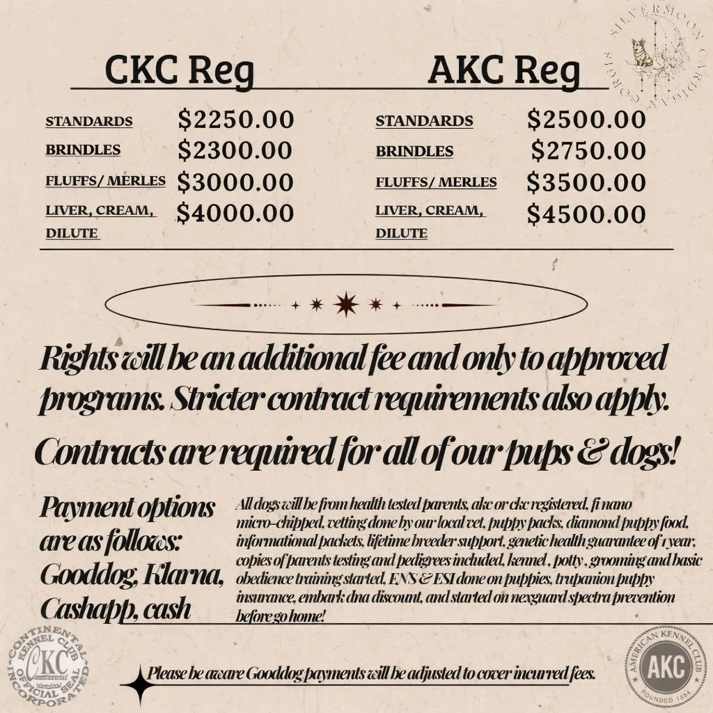 We have set our pet pricing going forward for our cardigans. While this may seem like quite a bit to some I just want to provide some background each embark costs me $150 each, each pennhip &amp; ofa for hips and elbows costs me $1100, each month per