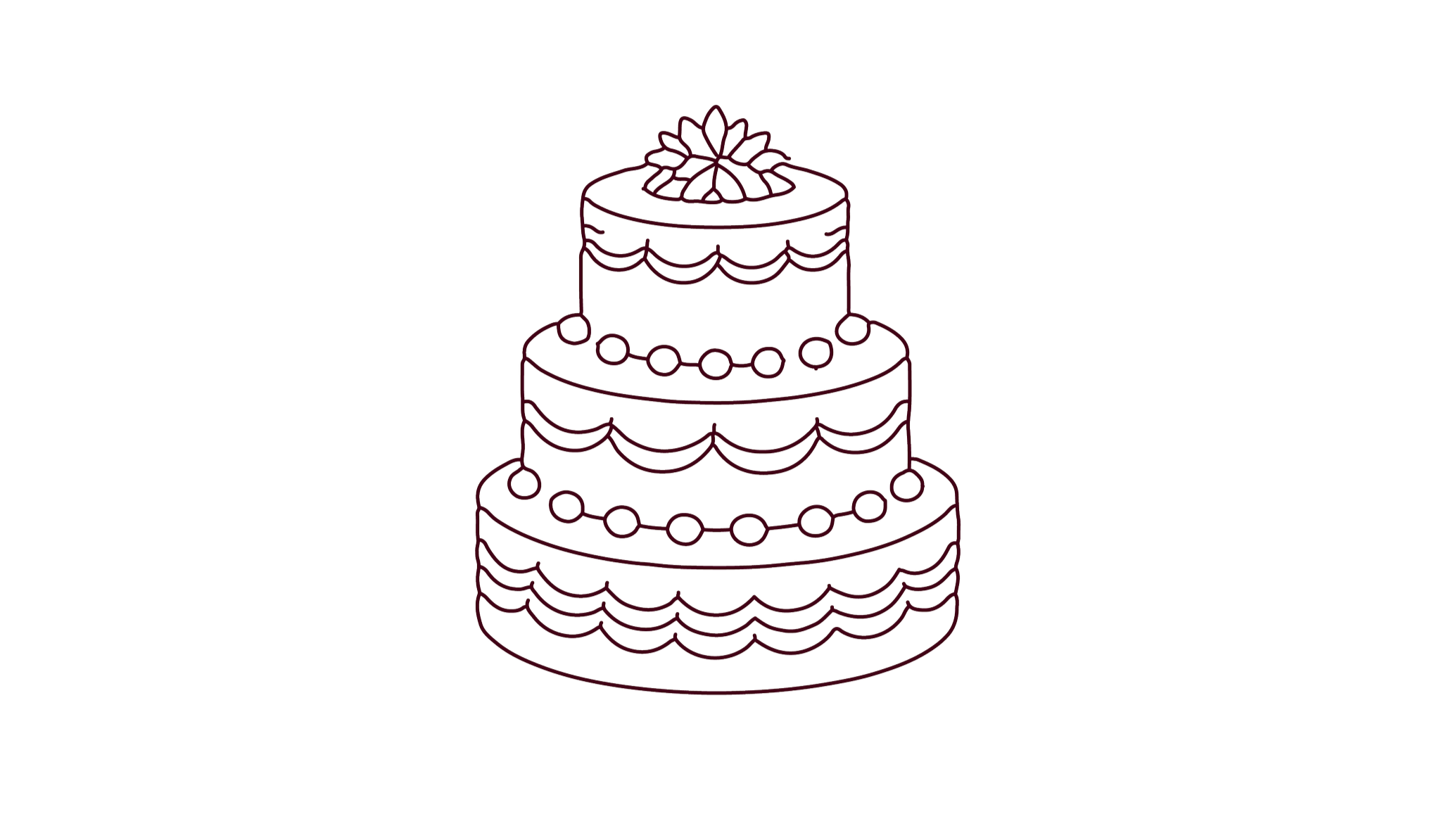 Outline drawing of a four-tiered wedding cake decorated with pearls and ornate icing patterns, topped with a floral decoration.