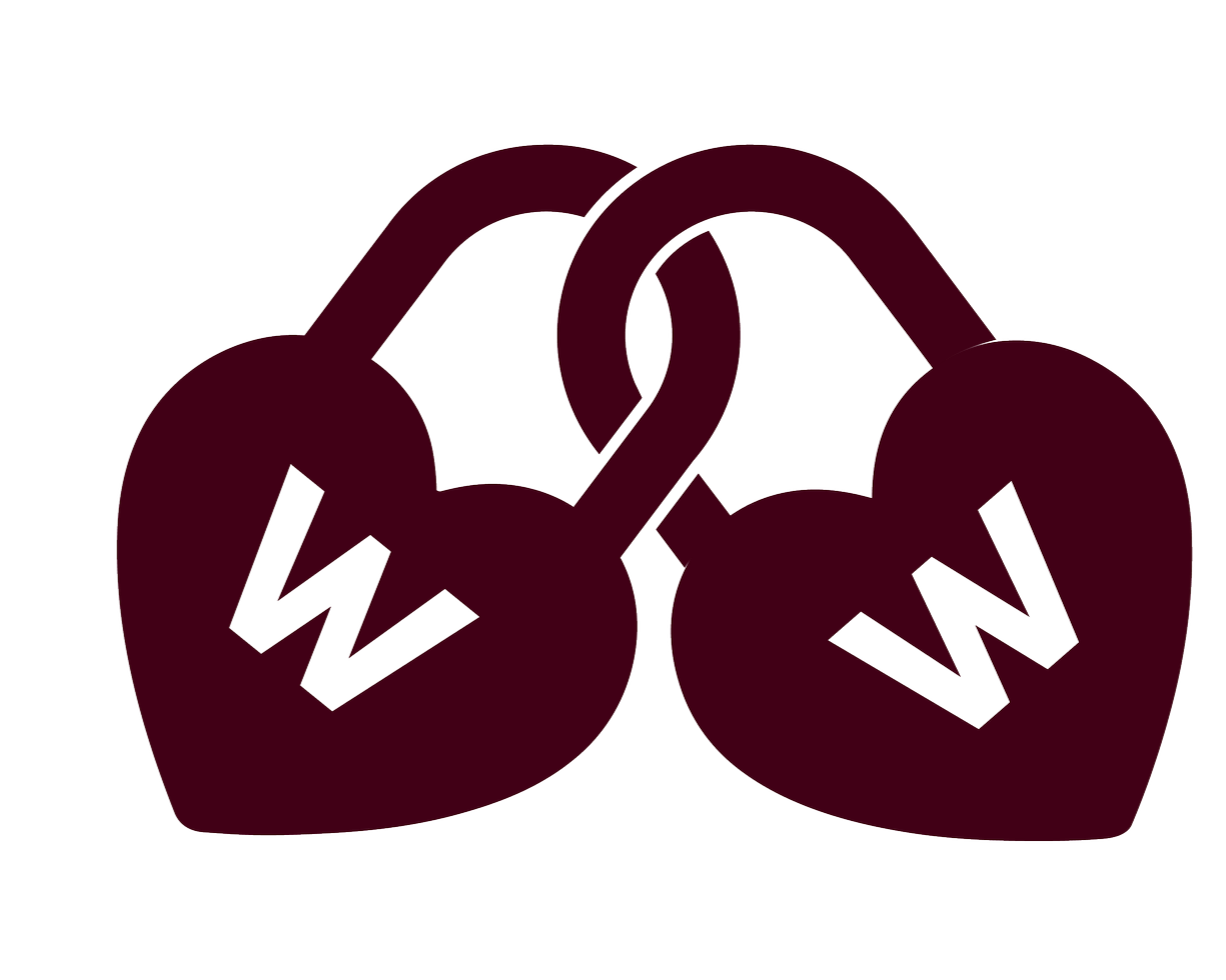 Two maroon heart-shaped padlocks linked together, each with a white 'W' logo.