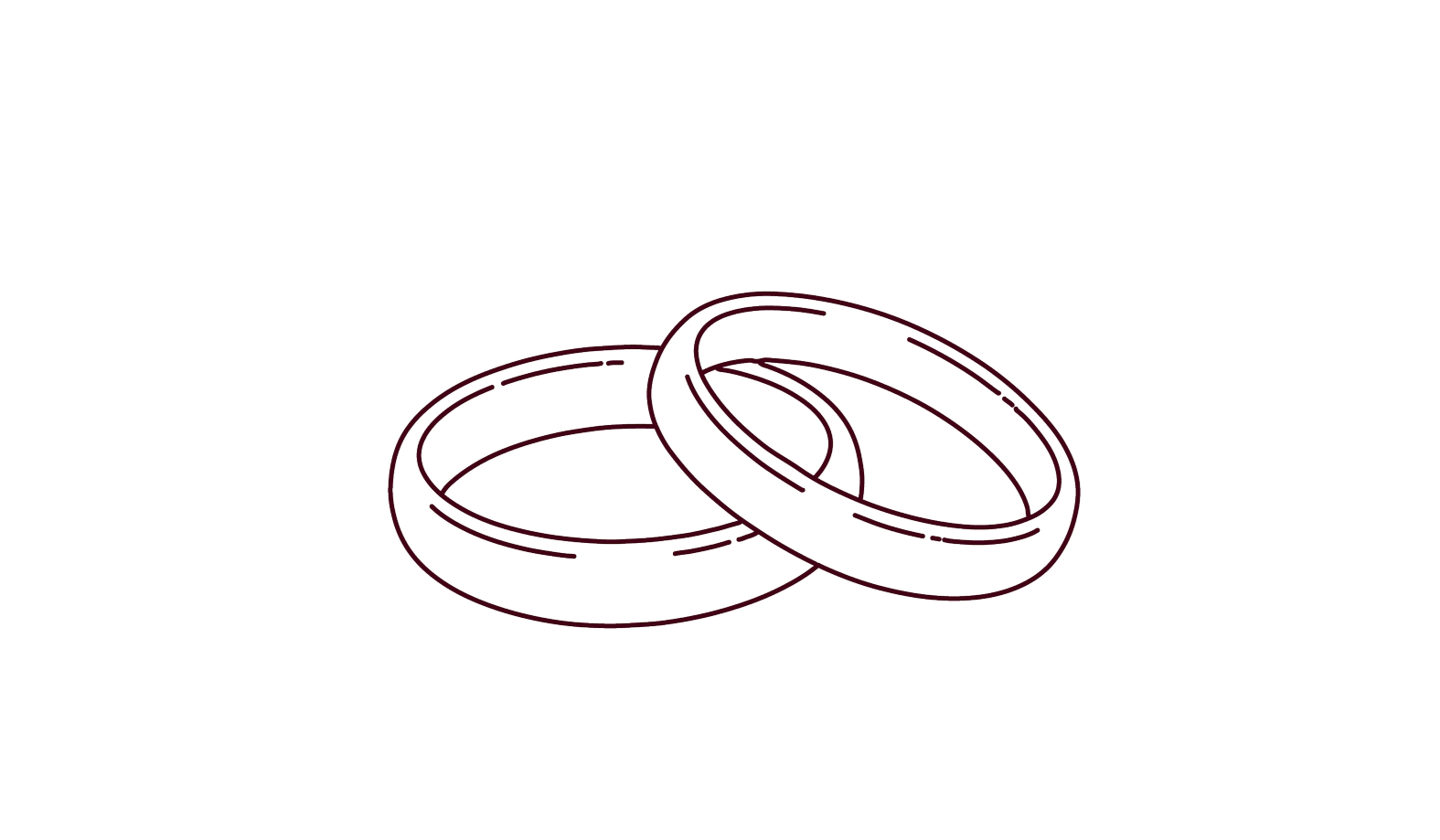 Line drawing of two wedding rings overlapping on a black background.