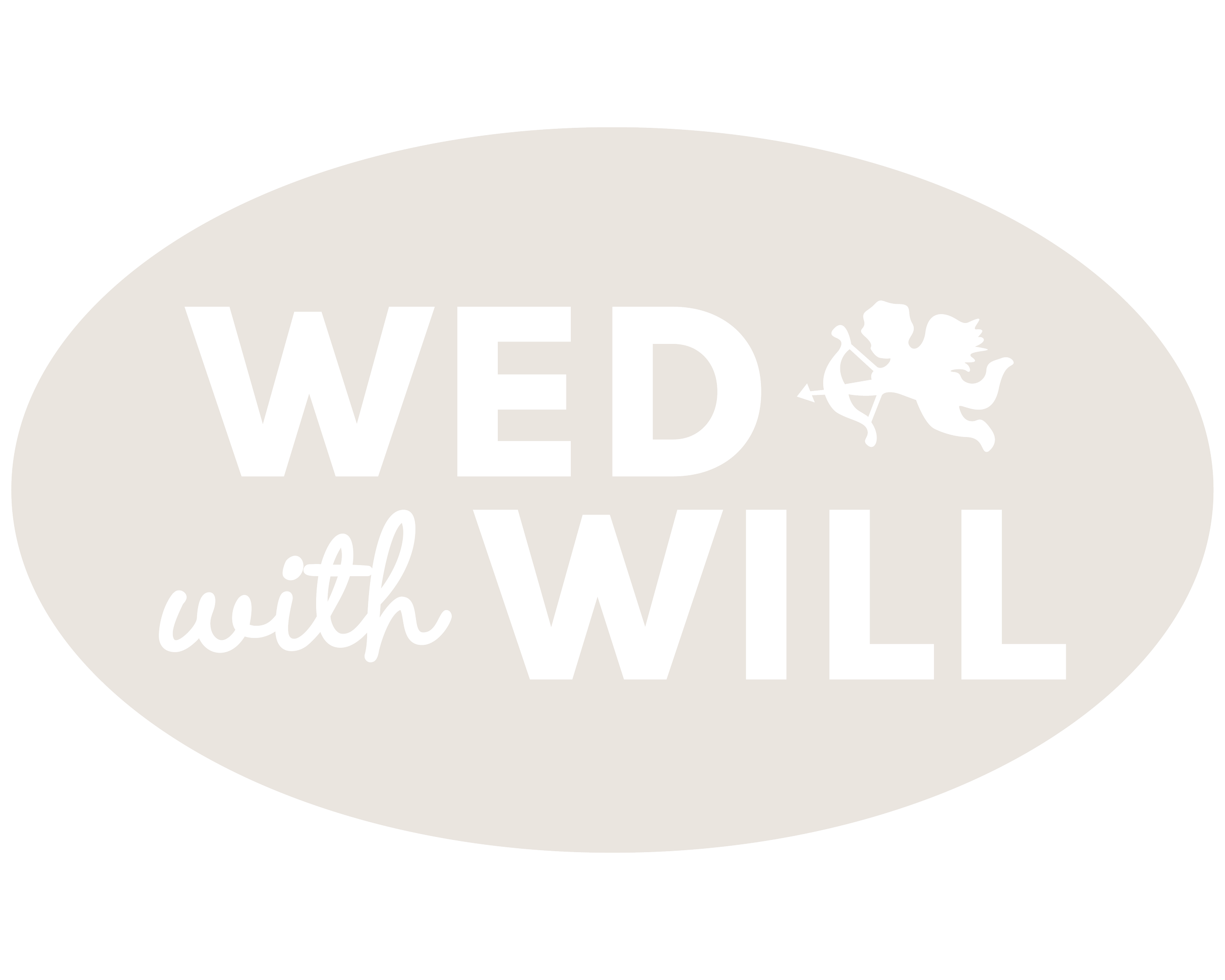Black text on a white oval background with a small black silhouette of a cupid holding a trident to the right of the text.