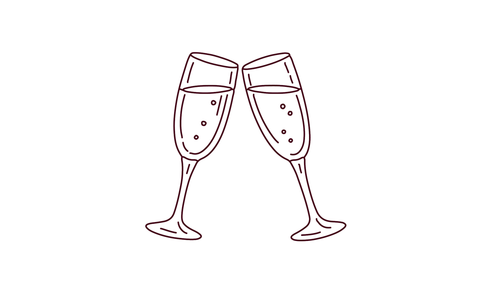 Line drawing of two champagne flutes clinking together, bubbles rising in the glasses.