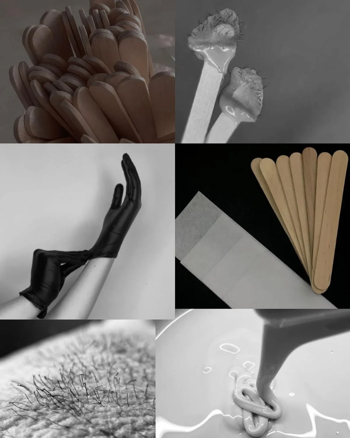 A collage of six black and white photos including wooden sticks, mushrooms, a gloved hand, paper and tape, hair follicles, and paint being poured.