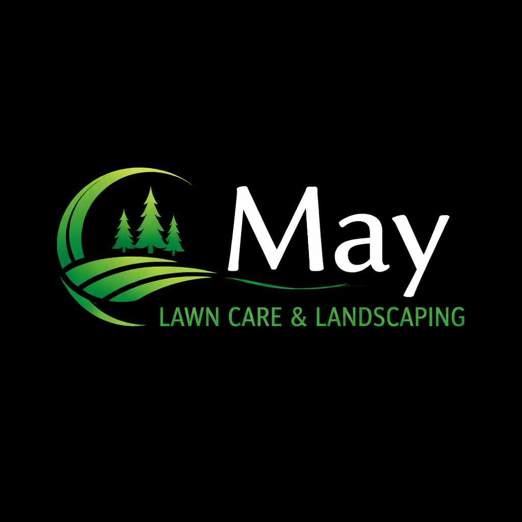 Logo for May Lawn Care & Landscaping featuring a green crescent moon, trees, and rolling fields with text in white and green on a black background.