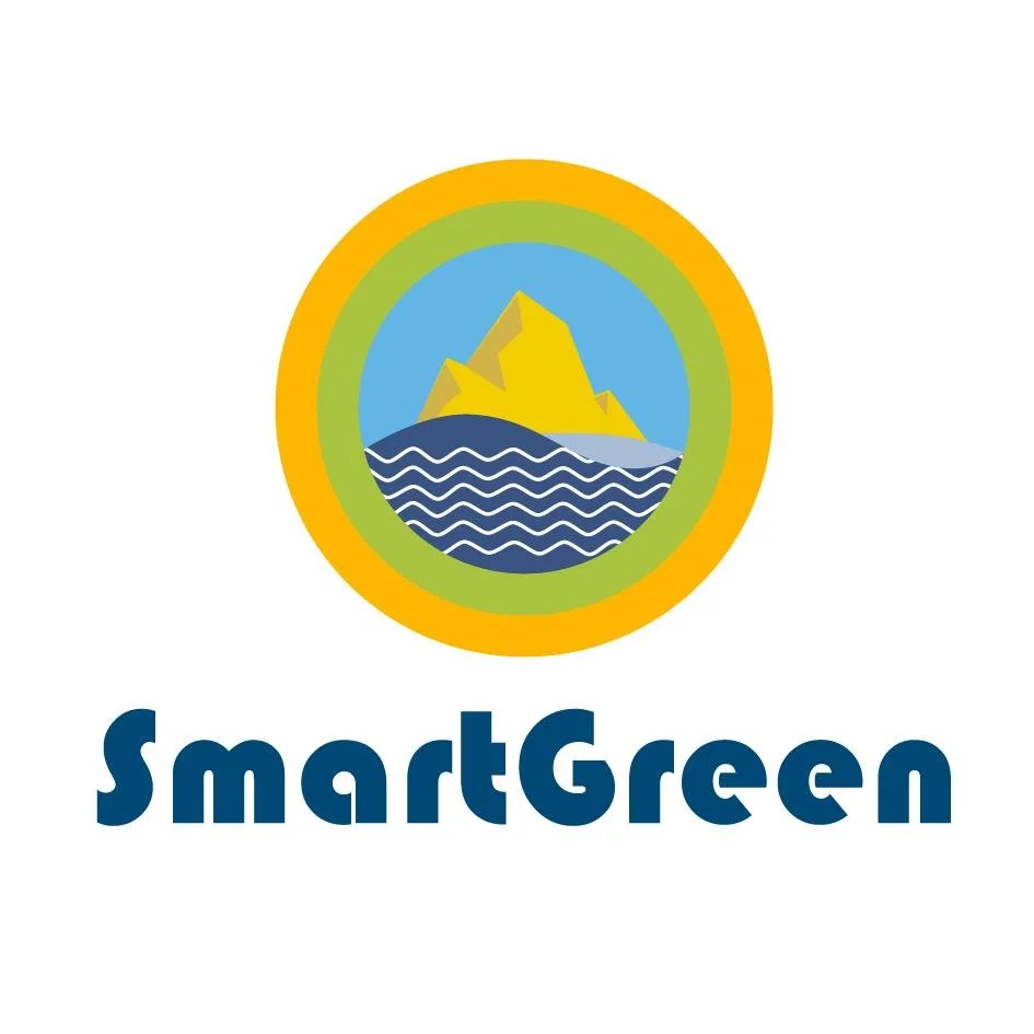 Logo featuring a yellow mountain with blue water waves beneath, surrounded by green and orange circles, with the text "SmartGreen" below.