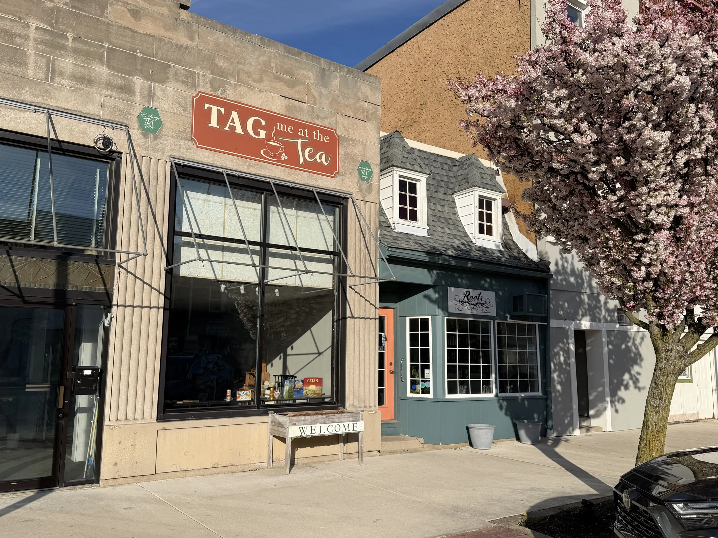 A storefront named 'TAG me at the Tea' with large front windows, a 'WELCOME' sign outside, and adjacent to a blue building with a sign 'Roots of the Tea' and a blooming pink tree.