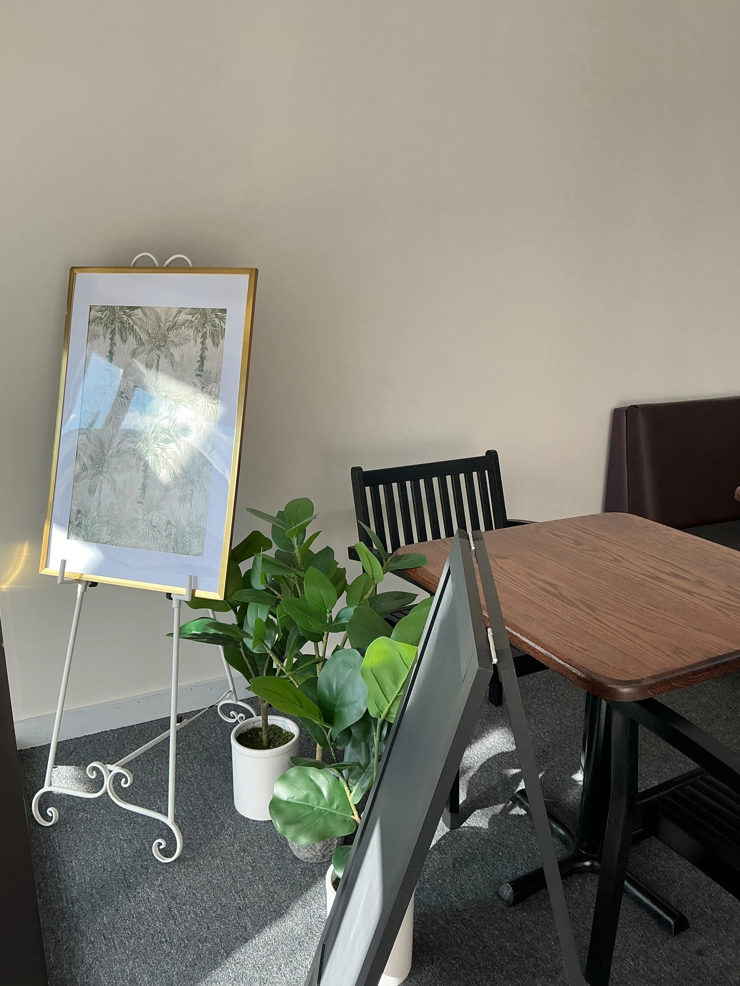 Indoor meeting space with a rectangular wooden table, black metal chairs, a large potted plant with green leaves, a white framed mirror on a stand, and a plain beige wall.