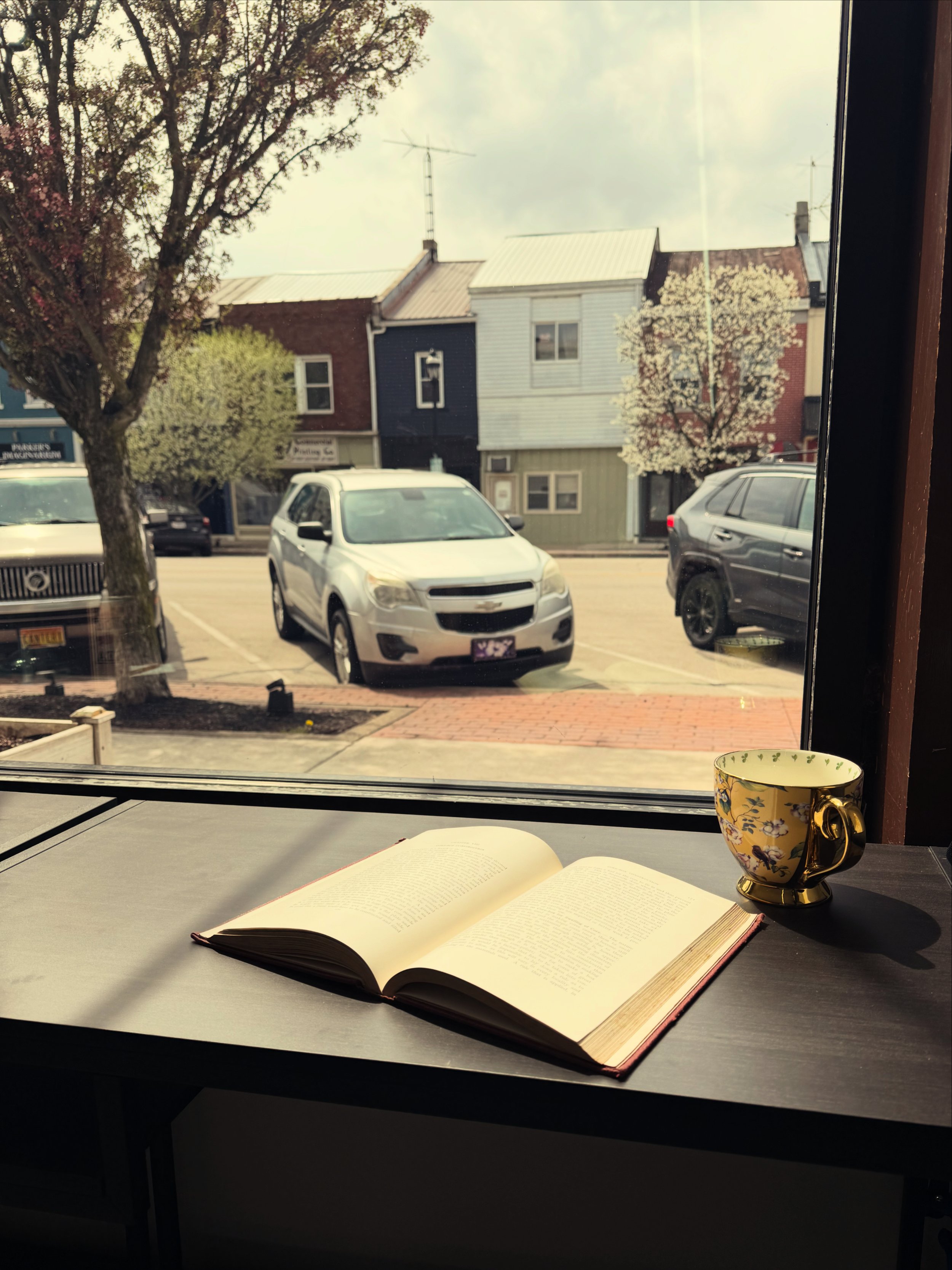 Open book and decorative coffee mug on a windowsill with a town street scene outside, including parked cars, trees, and colorful buildings.