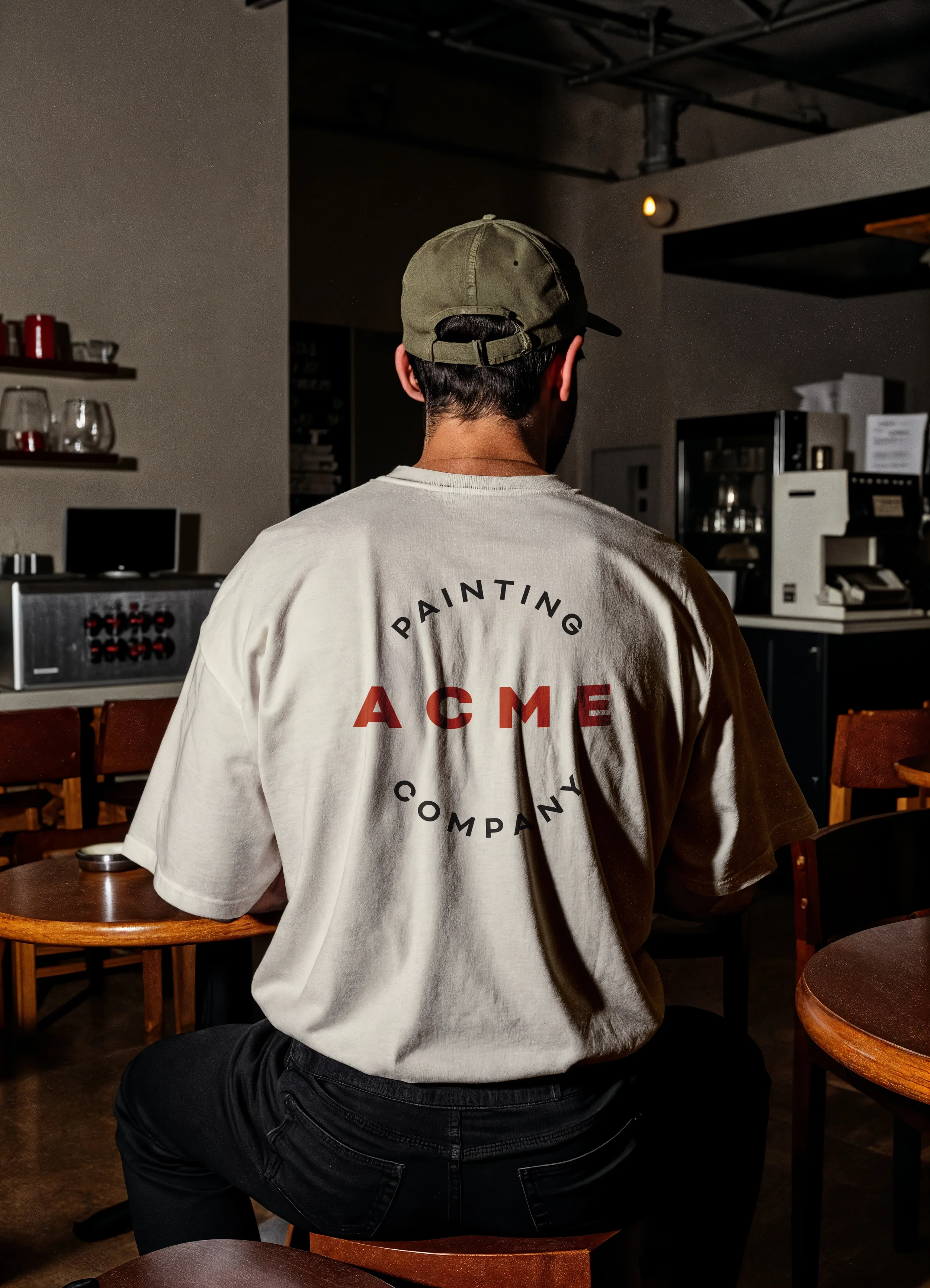 A person wearing a beige baseball cap and a white T-shirt with the words "Painting ACME Company" printed on the back, sitting inside a coffee shop or cafe.