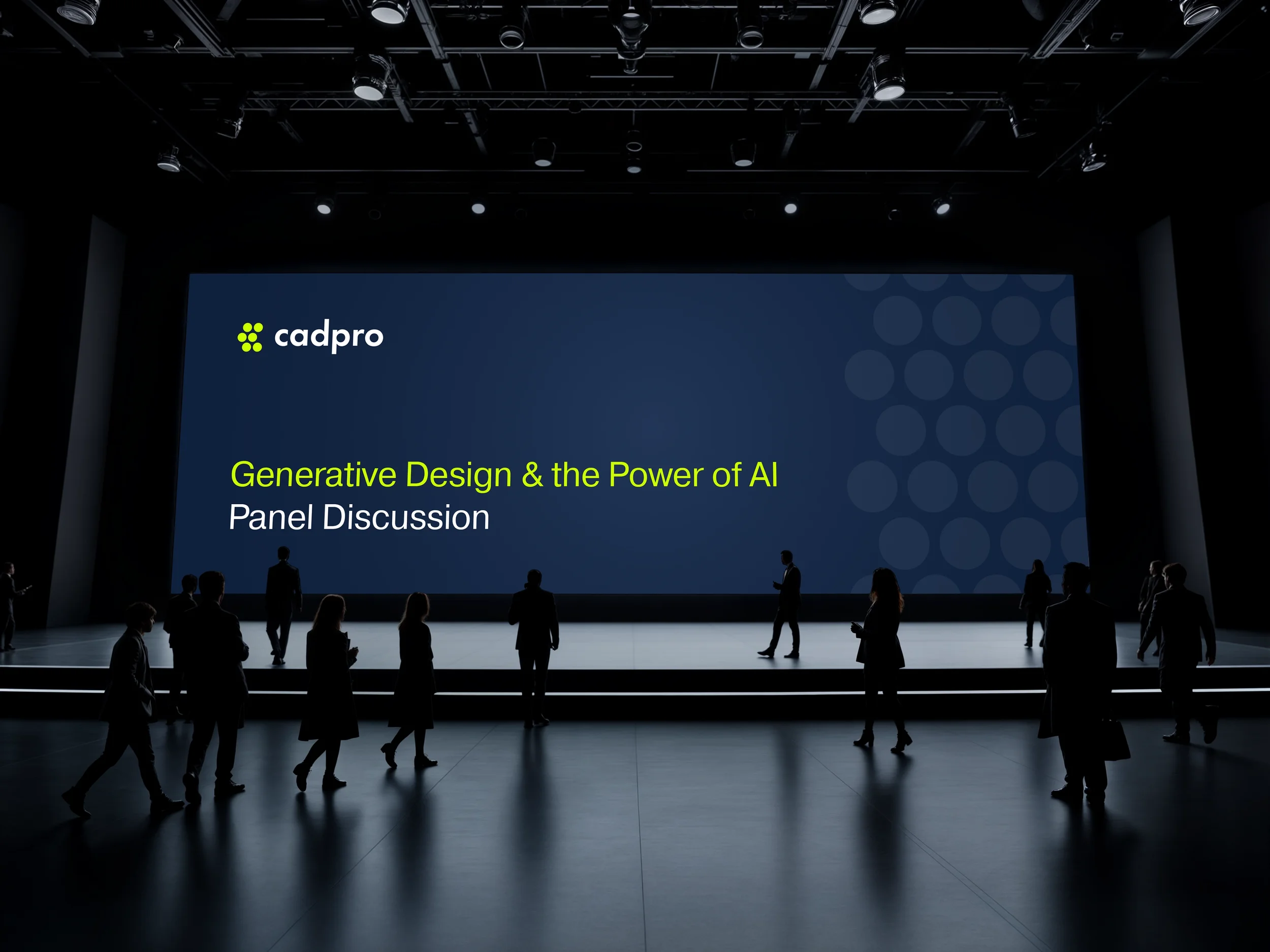 A darkened conference room with a large screen displaying a presentation titled 'Generative Design & the Power of AI.' People are silhouetted against the stage, listening and interacting during a panel discussion.
