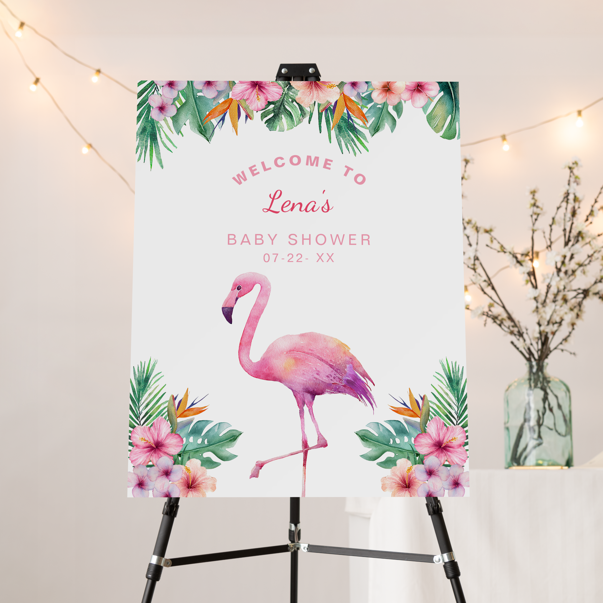 Tropical flamingo baby shower welcome sign with pink flamingo and floral design