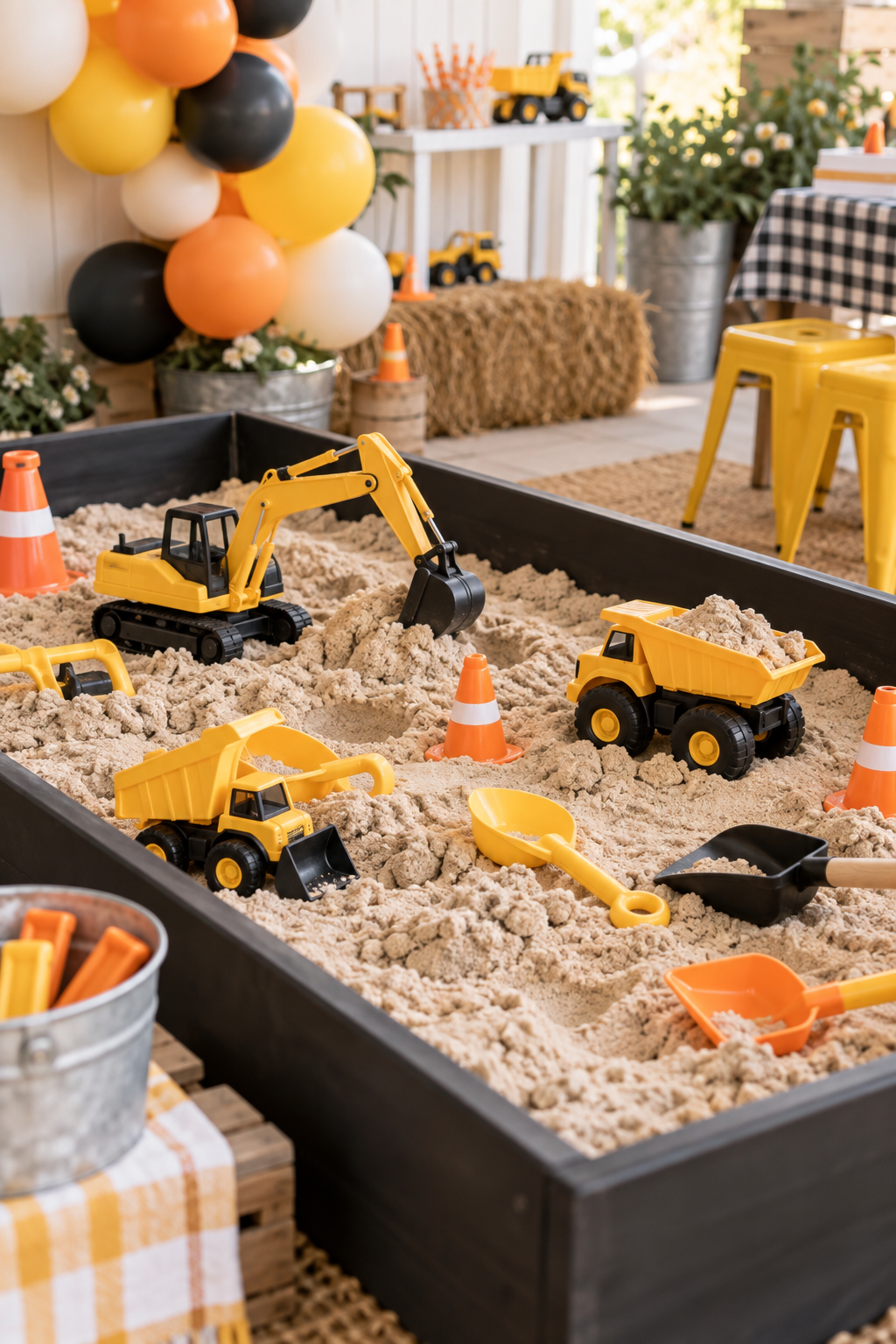 Construction birthday party sensory dig zone with sand, yellow toy excavator and dump trucks, toddler shovels, scoops, and orange traffic cones.