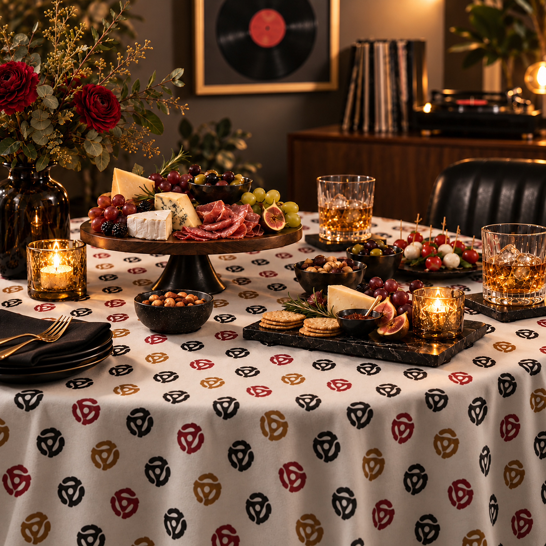 Charcuterie and hors d’oeuvres styled on a cocktail table with a retro vinyl record patterned tablecloth, warm candlelight, drinks, and subtle record-themed decor for an adult birthday party.