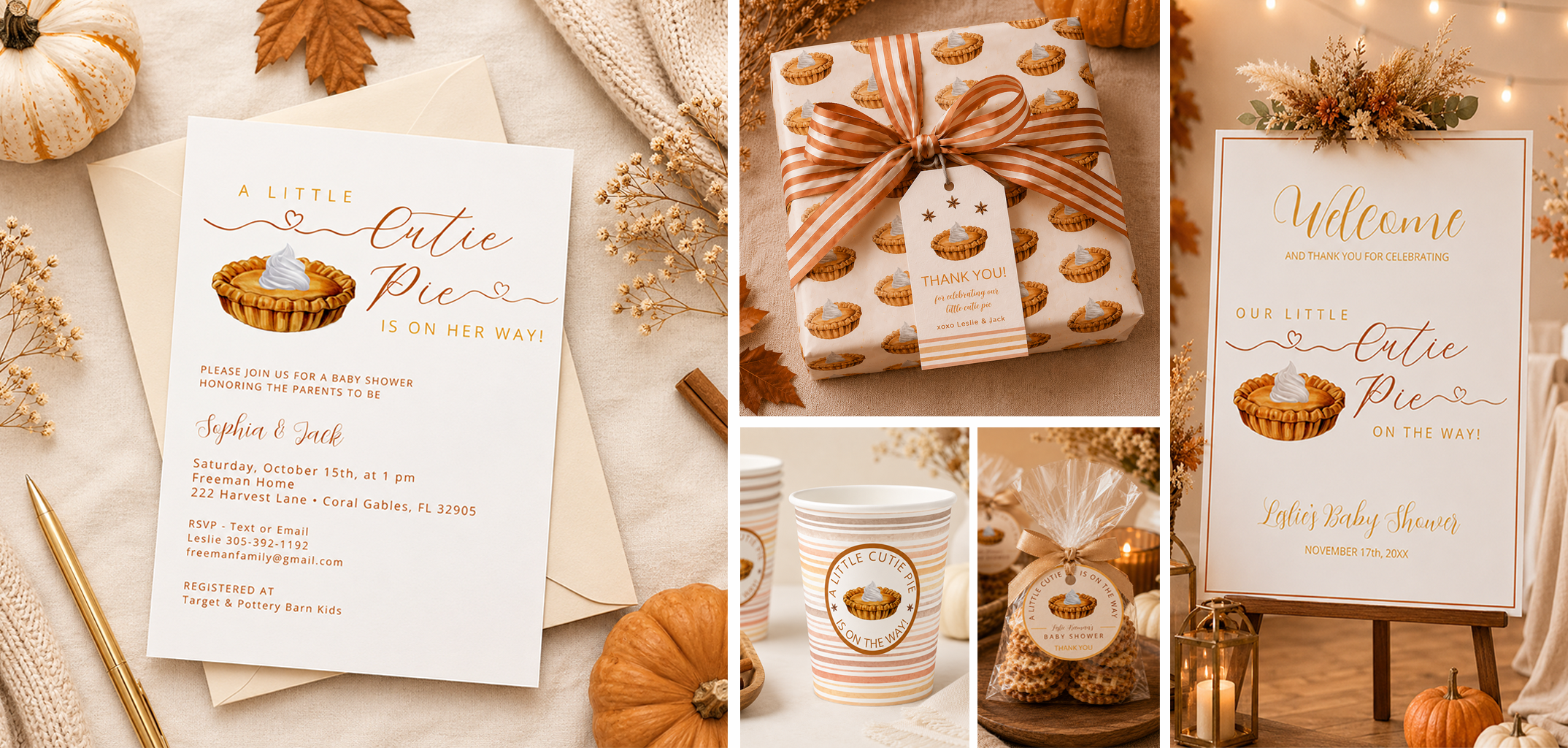 Little Cutie Pie baby shower collection with pumpkin pie invitation, wrapped gift, paper cup, favor bag, and welcome sign in warm fall tones.